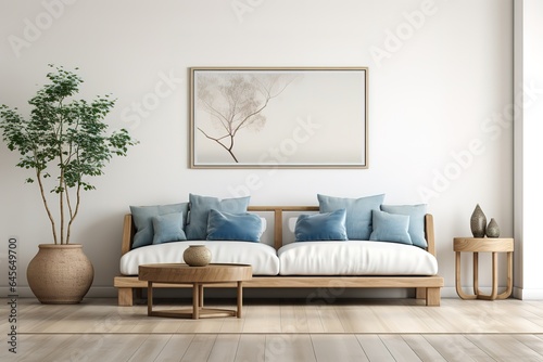 Living room design with empty frame mock-up   Mock-up frame in interior background,Empty living room with blue sofa, plants and table on empty white wall background, Generative AI © Azar