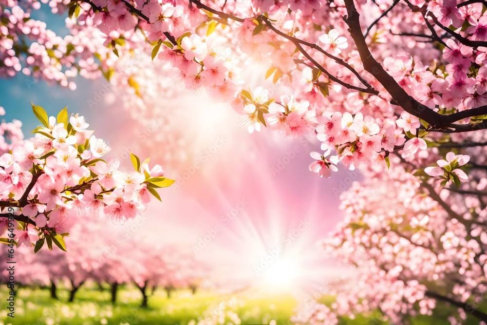 Spring border or background art with pink blossom. Beautiful nature scene with blooming tree and sun flare