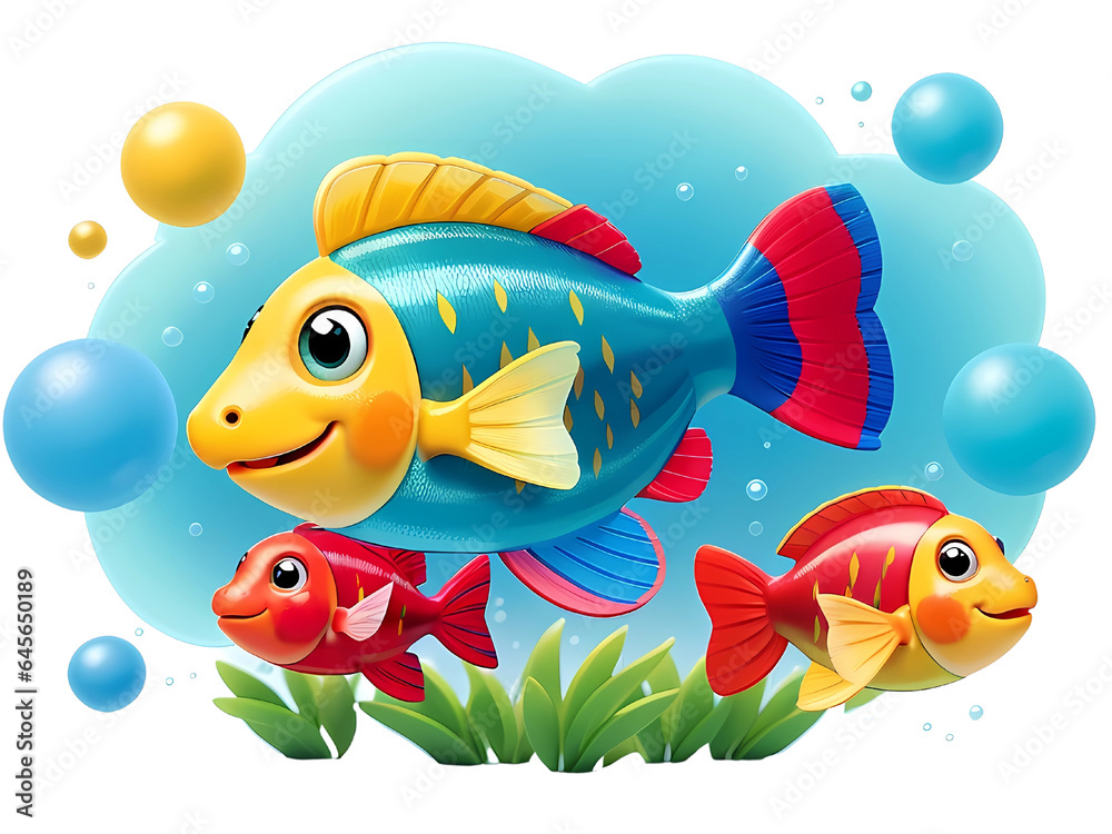 Naklejka premium Aqua Adventure: An Illustration Of Fish And Their Bubbly World