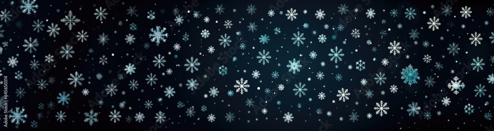 A wide-format Christmas pattern for creative content featuring a charming array of snowflakes set against a rich, deep blue background. Photorealistic illustration