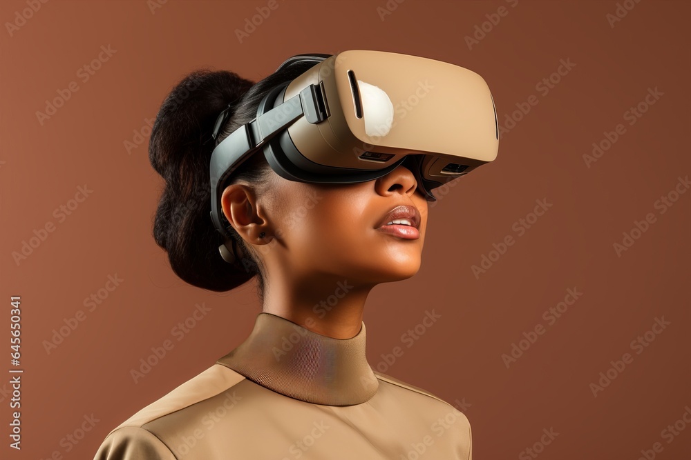 a young dark-skinned african woman wearing new revolutionary gaming technology - virtual or augmented reality glasses, studio portrait on beige colored background, copy space for text