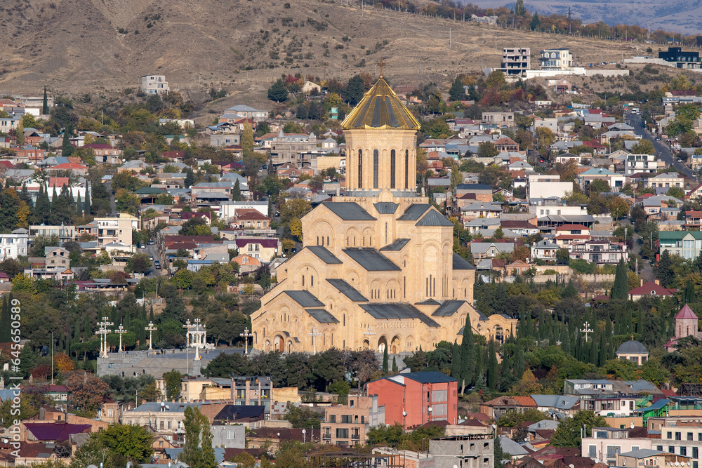 View of Holy Trinity Cathedral on sunny autumn day. Tbilisi, Georgia.