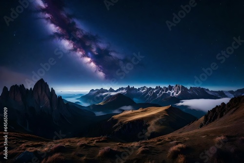  Landscape with alpine mountain valley, low clouds, purple starry sky with milky way