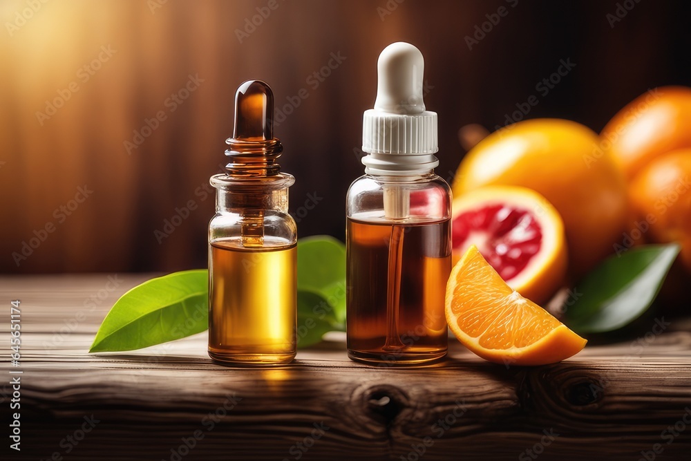 Bottle of orange essential oil with fresh fruits on wooden table Bottle of orange essential oil with fresh fruits on wooden table