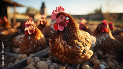 A Flock of Chickens in a Rustic Farmyard Pecking at a Pile of Lobster Shells Selective Focus