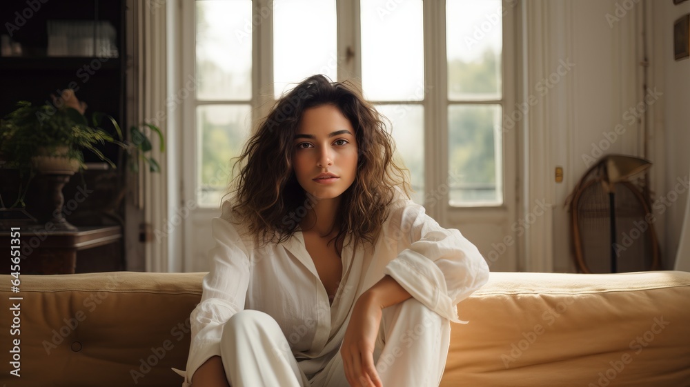 a photo of gorgeous young caucasian woman sitting on a couch in a luxurious posh living room, parisian style interior with tall windows, white paneled walls, fireplace, golden sophisticated decoration a photo of gorgeous young caucasian woman sitting on a couch in a luxurious posh living room, parisian style interior with tall windows, white paneled walls, fireplace, golden sophisticated decoration