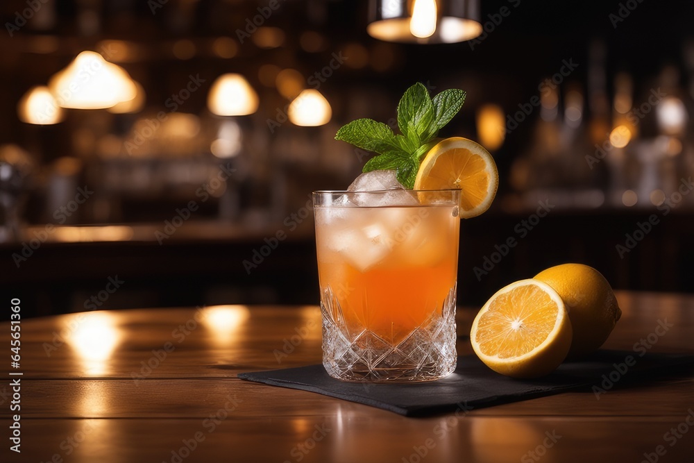 Fototapeta premium cocktail in a glass on a table in a bar, close-up 