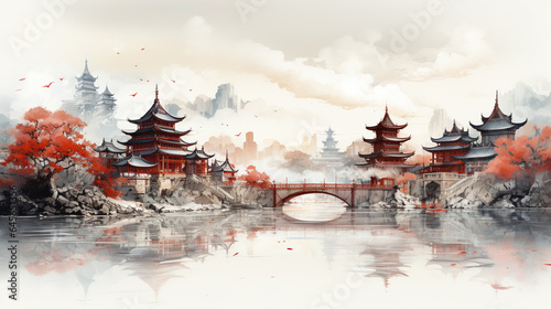 Ancient Architecture Style of Chinese City with Lake and Bridge White Background As Sketch Painting © Image Lounge