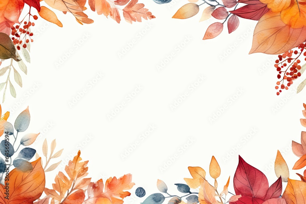 Autumn beauty. Vibrant leaves frame. Nature palette. Fall foliage in watercolor on white background. Leaves border