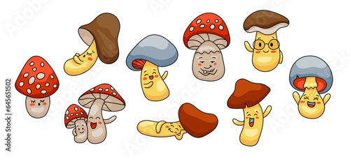 Cute mushrooms characters. Forest wild fungus in cartoon style. Vector drawing. Collection of design elements.