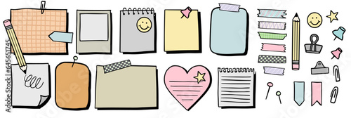 Vector sticky note illustration set, office notepapers, paper clips and tape in flat cartoon style.
