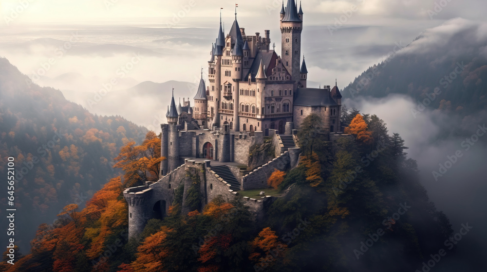 A Beautiful Castle Sitting On Top of a Cliff with Cloudy Sky Aerial View - obrazy, fototapety, plakaty 
