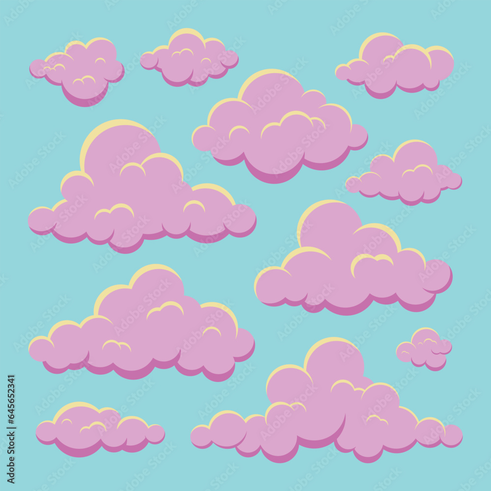 Cute pink fluffy cartoon clouds vector collection. Cloudy set.