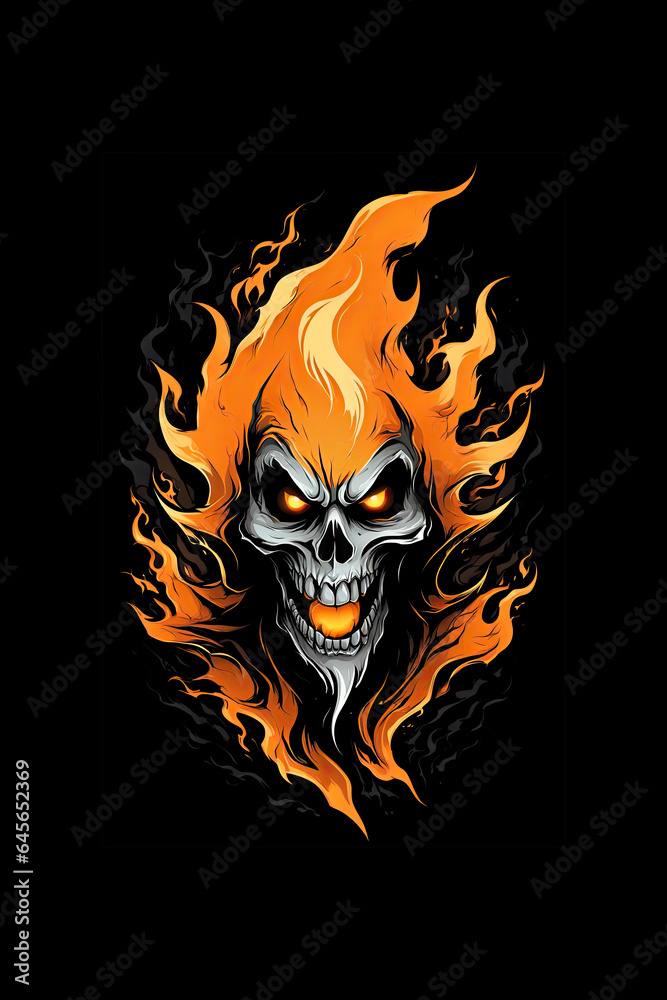 Scary skull with lighted eyes, Halloween resource in black and orange