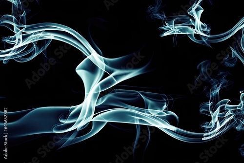 smoke in the background. Monochrome, grayscale photography of illuminated incense. Moody feeling. Dark backdrop, a graphic resource for montage, overlay or texture, copy space.