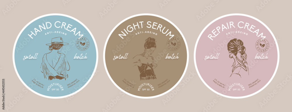 Vector round packaging label design template collection with woman silhouette illustrations