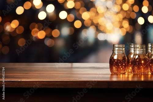 background of wooden table in front of abstract blurred restaurant lights