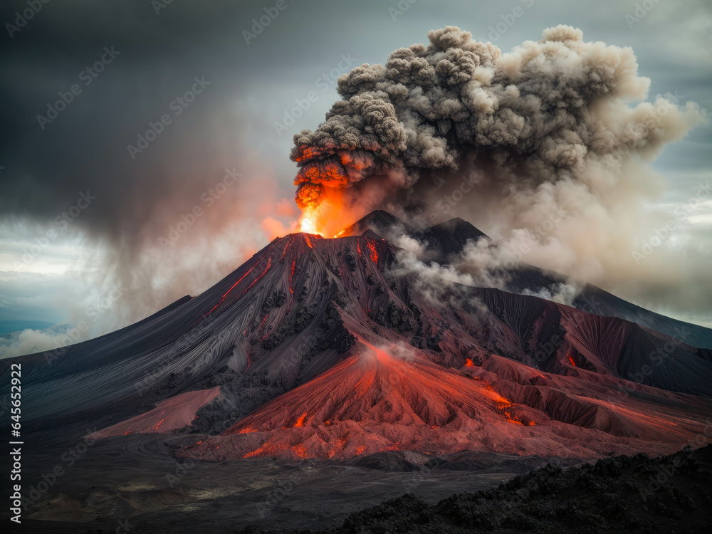 The crater is erupting, smoke, lava, Apocalyptic volcanic landscape with hot flowing lava and smoke and ash clouds.