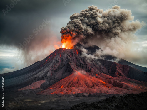 The crater is erupting, smoke, lava, Apocalyptic volcanic landscape with hot flowing lava and smoke and ash clouds.