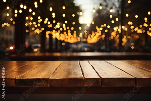 Empty wooden table in front of blurred wooden wall and light lamp background. Ready for product display montage. High quality photo