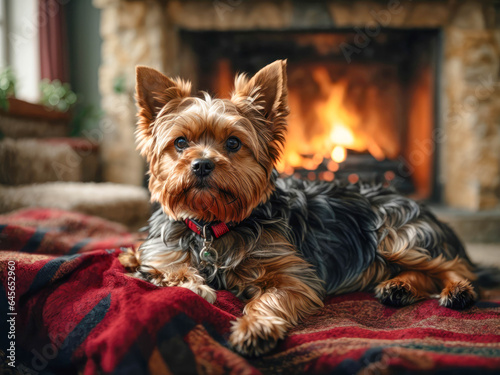 Yorkshire Terriers enjoys the warmth and comfort of a fireplace in the living room. the dog lies on the background of the fireplace © Natallia