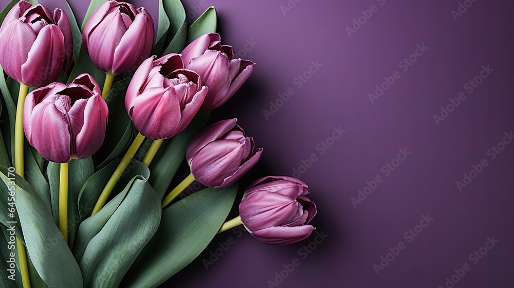 Fototapeta premium tulips on purple background, copy space