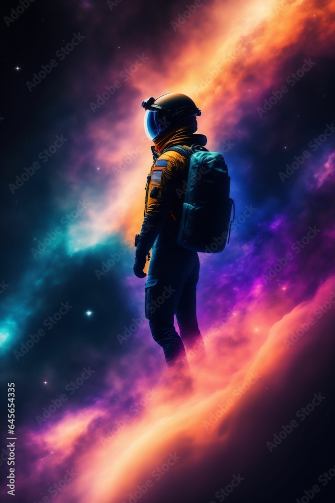 man floating in space with a galaxy background