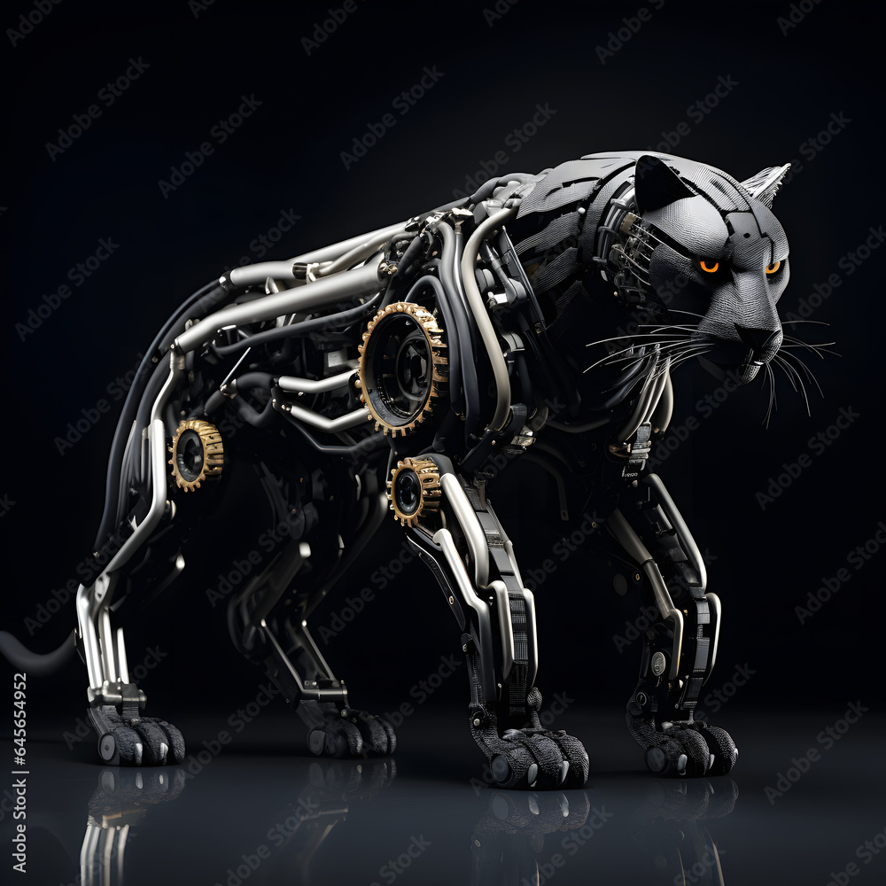 BLACK puma with a part robotic body and a skin -generative ai