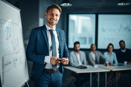 Handsome businessman during presentation on a meeting in a office. Man in a suit near the whiteboard. AI generated
