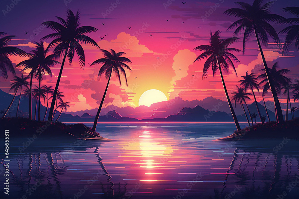 80s Style Artwork of a Sun Setting on a Tropical Landscape