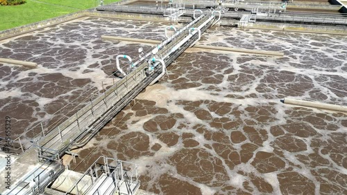 Sewage treatment plant from above. Grey water recycling. Waste management theme. Ecology and environment in European Union.