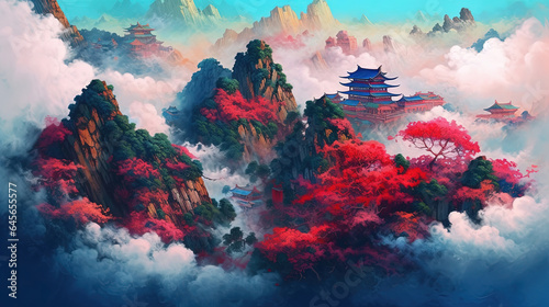 Aerial View of Dense Clouds with Mountains and Trees Painting of Japanese Theme © Image Lounge
