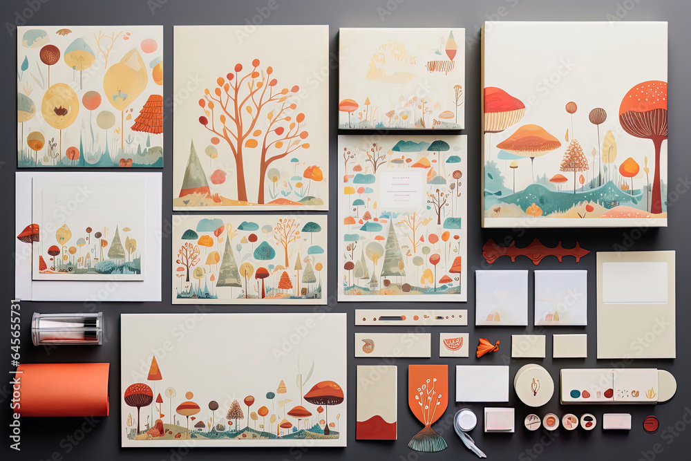 Business card and packaging mock up design with whimsical and memorable elements