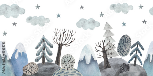 Winter forest and mountains. Watercolor illustration in flat cartoon style. Seamless border