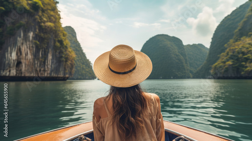 Back view of the young woman in straw hat relaxing on the boat and looking forward into lagoon. Travelling tour in Asia: El Nido, Palawan, Philippines.