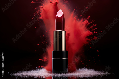 Red lipstick, floating powder, red pigment explosion and blur gradient background