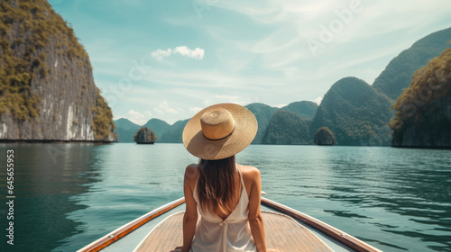 Back view of the young woman in straw hat relaxing on the boat and looking forward into lagoon. Travelling tour in Asia: El Nido, Palawan, Philippines. photo