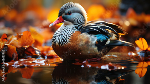 Beautiful Mandarin Duck Reflection in Duck Pond at Golden Hour Selective Focus