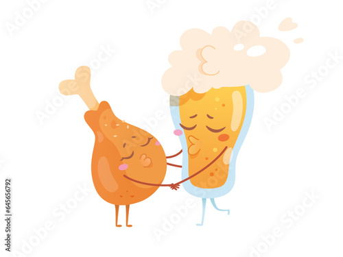 Cute chicken leg and beer glass characters  happy food couple in love holding hands