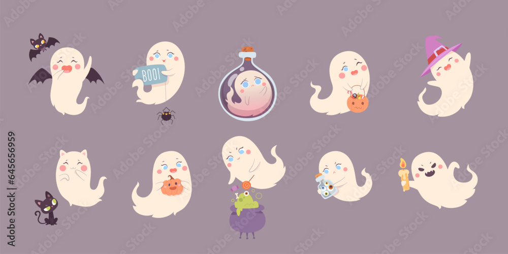 Set of cute halloween ghosts characters, spooky expression creature. Funny scary magic demons with pumpkin, black cat, bat, mystery creative nowaday vector clipart Set of cute halloween ghosts characters, spooky expression creature. Funny scary magic demons with pumpkin, black cat, bat, mystery creative nowaday vector clipart