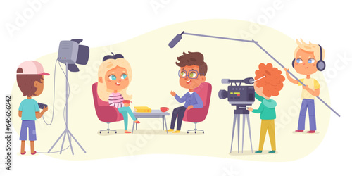 Interview talk show with celebrity and backstage team set vector illustration. Cartoon isolated guest and host sitting in chairs, talking in front of recording video makers crew in television studio