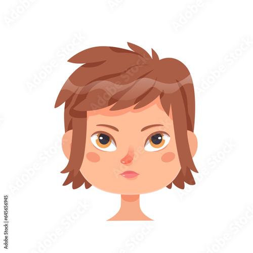 Boy face portrait vector illustration. Cartoon isolated profile avatar with cute male head, brunette with violet eyes and curly androgen hairstyle on short brown hair, pretty teen character