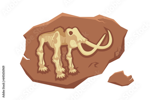 Mammoth fossil vector illustration. Cartoon isolated jurassic dino character silhouette inside underground stone, skeleton bones and skull of prehistoric dead animal, old mesozoic extinct monster