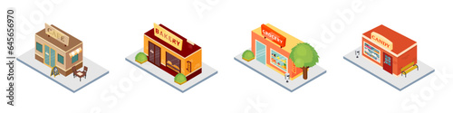 Isometric modern urban store buildings. City urban infrastructure, 3d cafe, bakery, grocery and candy shop vector set isolated on white background
