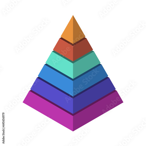 Pyramid graph template with six colorful steps for website or presentation. Pyramid infographic mockup with 6 elements, vector illustration isolated on white background
