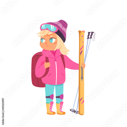 Cute girl skiing, kid with skiers gear and accessories standing, child holding skis