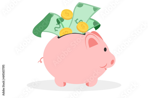 Flat design of saving money in piggy bank, saving salary in piggy bank, flat design of financial management, money management vector, piggy bank is fulled with money, coin and bank note vector.