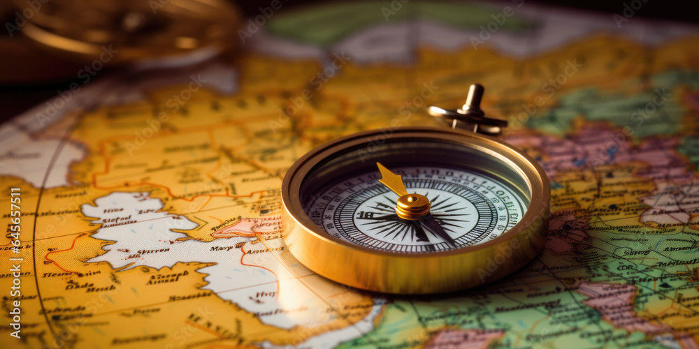 Magnetic compass and location marking with a pin on routes on world map. Adventure, discovery, navigation, communication, logistics, geography, transport and travel theme concept background. Magnetic compass and location marking with a pin on routes on world map. Adventure, discovery, navigation, communication, logistics, geography, transport and travel theme concept background.