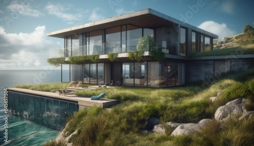 Design house - modern villa with open plan living and private bedroom wing. Large terrace with privacy and, swimming pool. Generative AI. © Mix and Match Studio