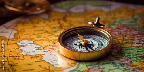 Magnetic compass and location marking with a pin on routes on world map. Adventure, discovery, navigation, communication, logistics, geography, transport and travel theme concept background.